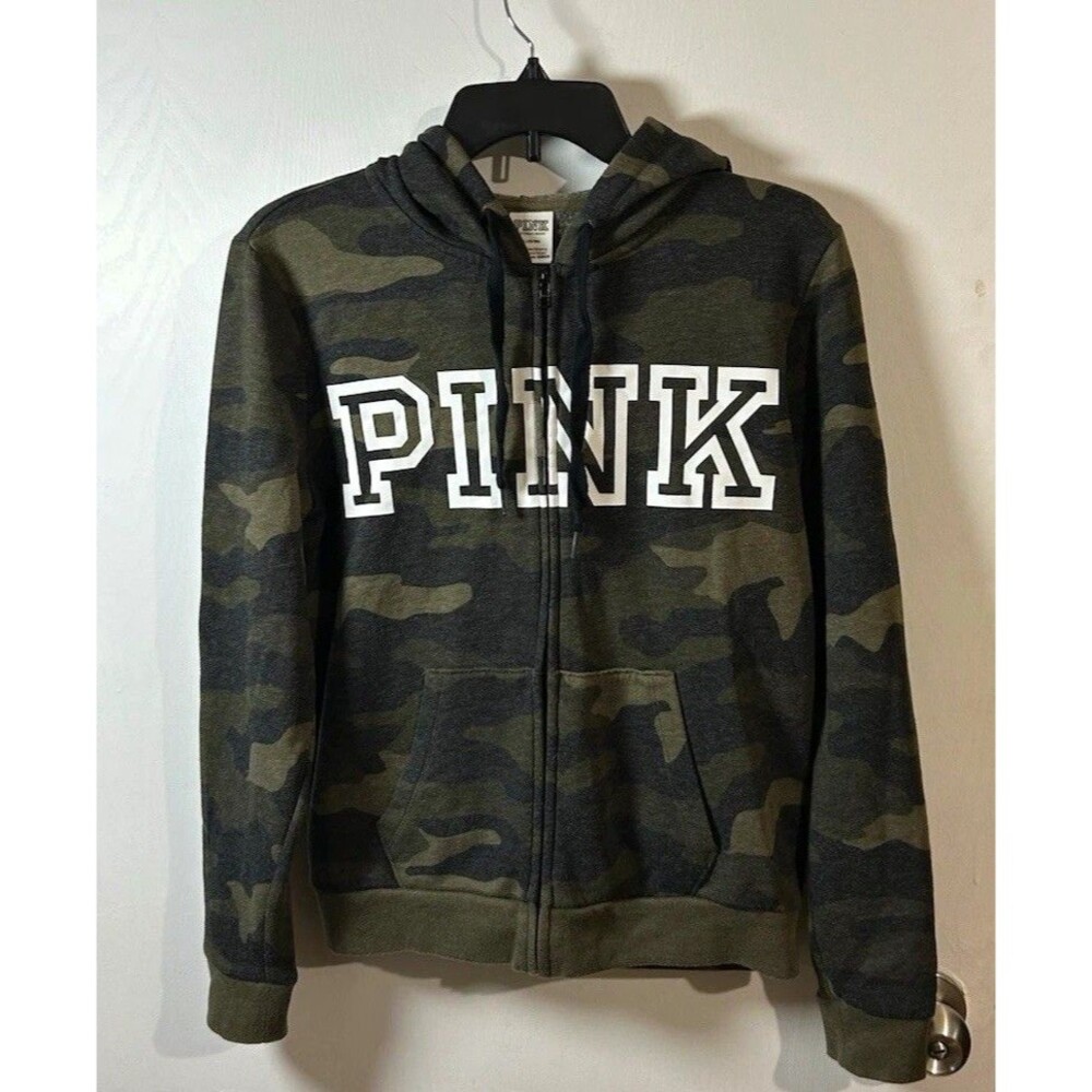 PINK Victoria's Secret Camo Full Zip Fleece Hoodie Womens M Hood Pockets Logo